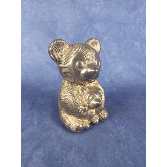 Silver Plated Teddy Bear Piggy Bank Coin Bank With Mom And Bear Cub - Picture 5 of 9
